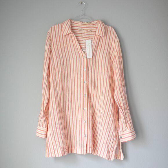 NWT Soft Surroundings Escambia Button-Up Pink Peach Stripe Cotton Tunic Shirt M - Picture 1 of 8